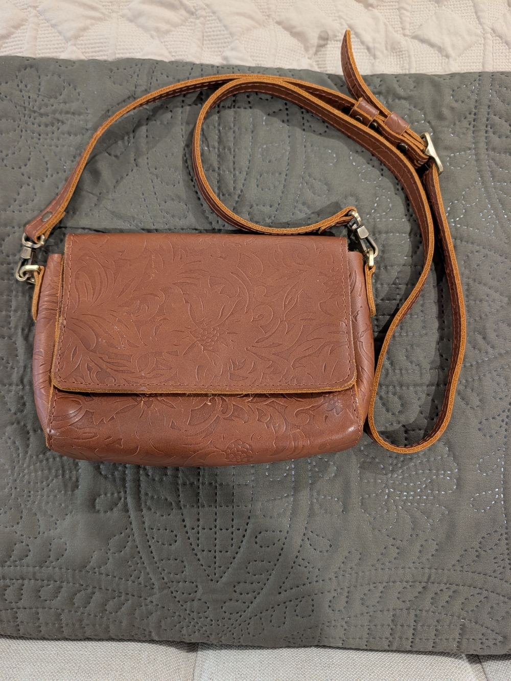 Portland Leather Embossed Leather Crossbody Cognac